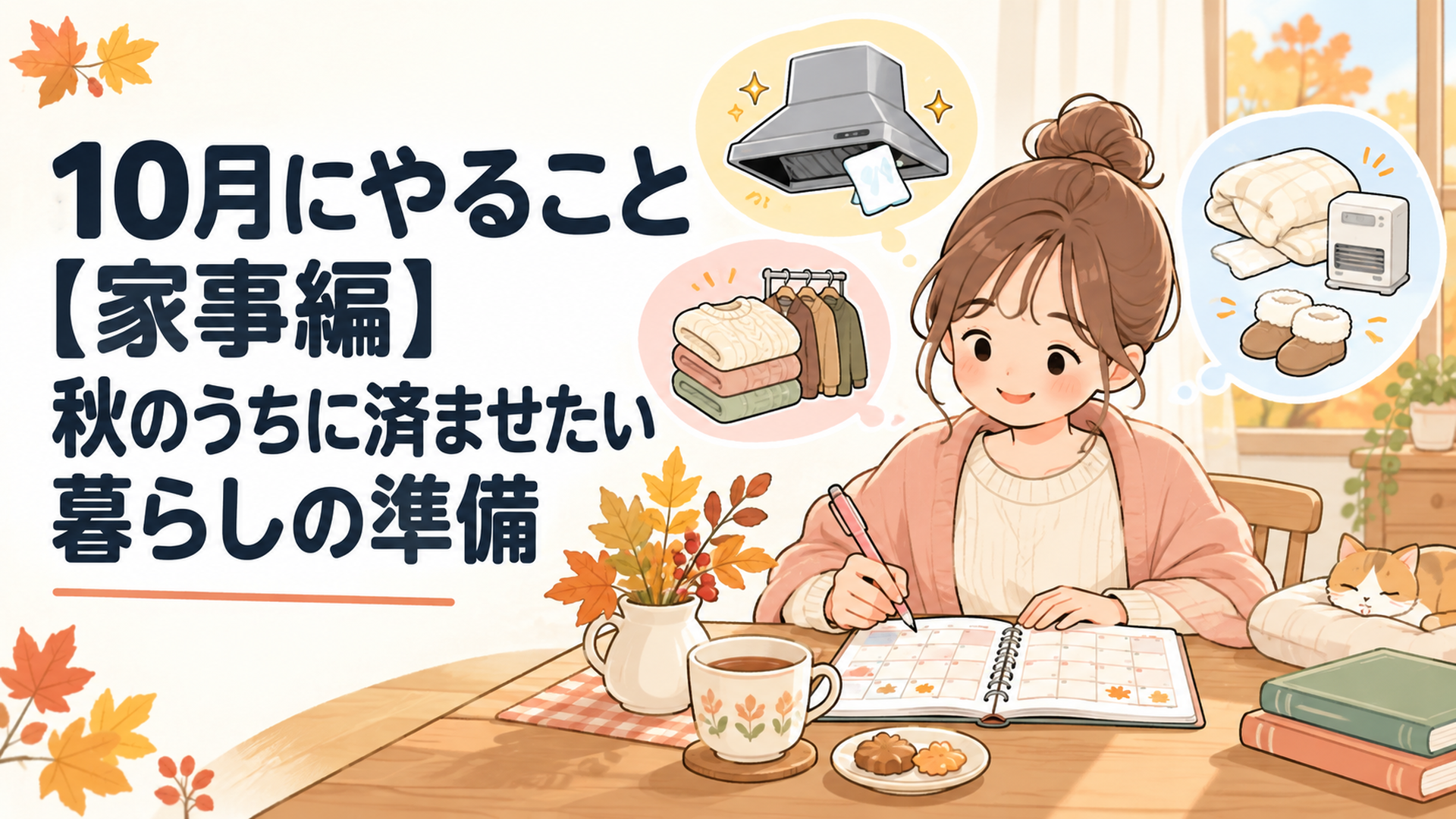 10月の家事予定として換気扇掃除や衣替えや冬支度をカレンダーに書き込む女性