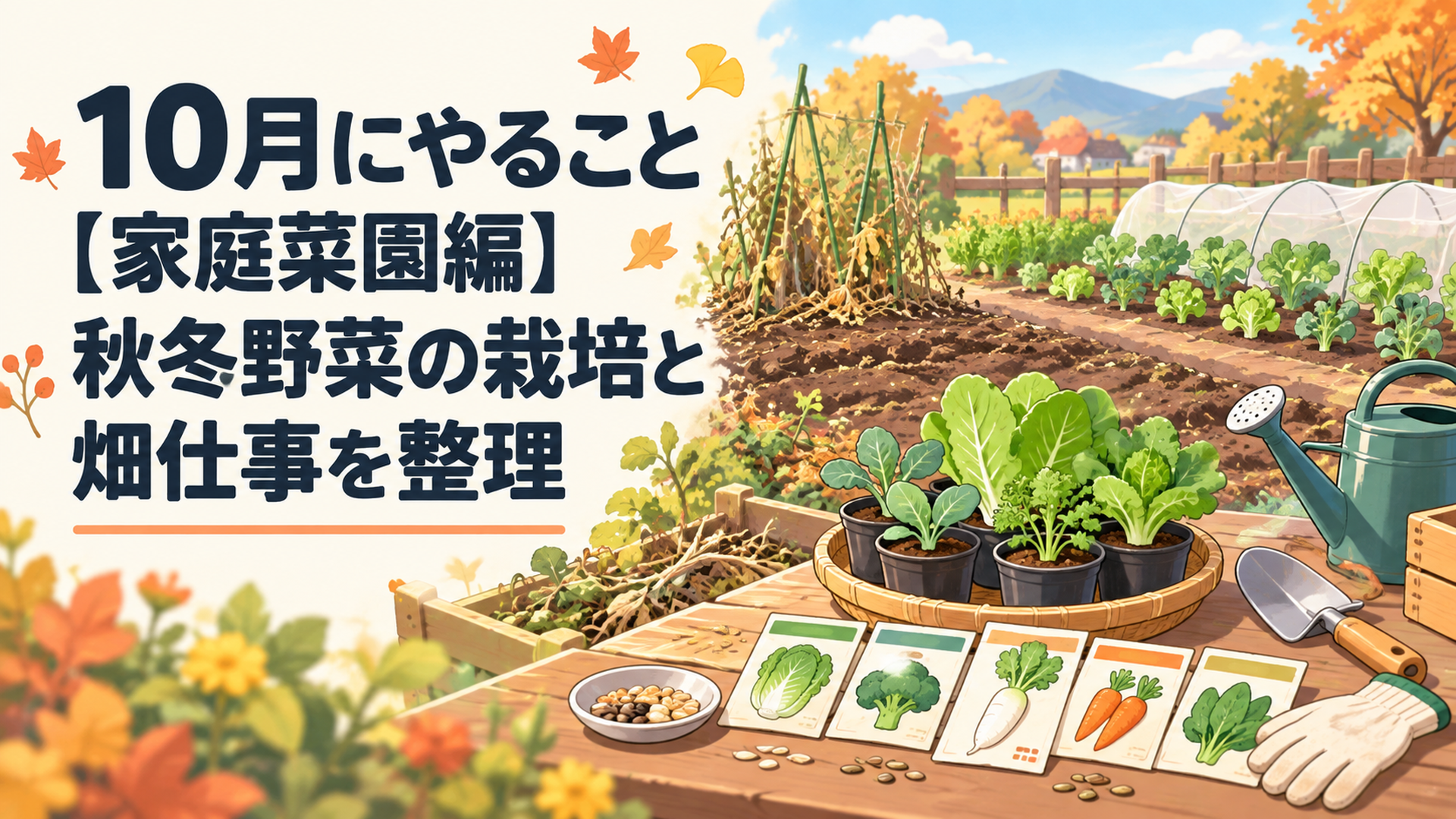 夏野菜を片付けた畑と秋冬野菜の苗や種を並べて10月の家庭菜園作業を確認する秋の菜園風景