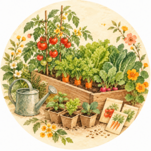 家庭菜園：野菜とじょうろの水彩イラスト