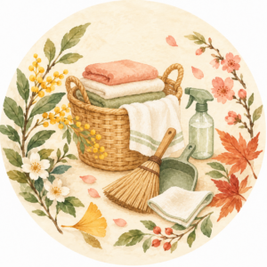 家事：洗濯と掃除道具の水彩イラスト