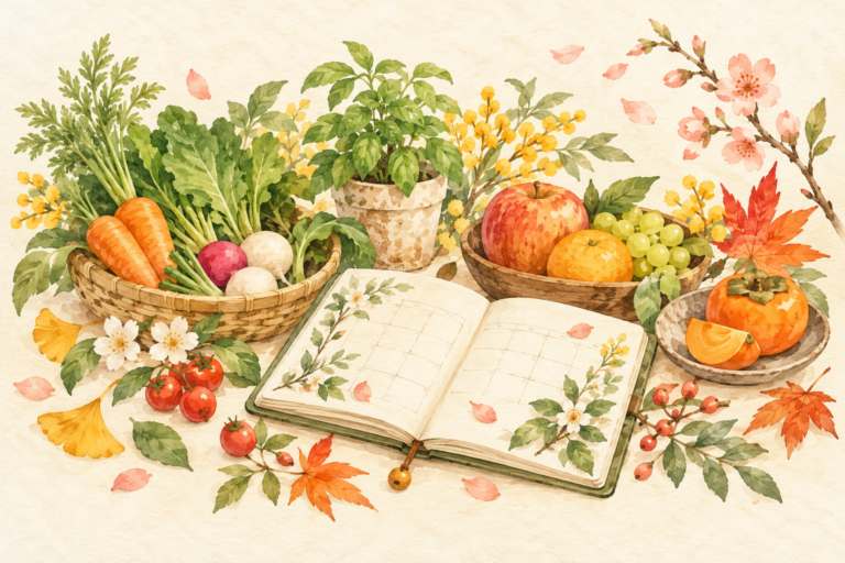 季節の野菜や果物と手帳の水彩イラスト